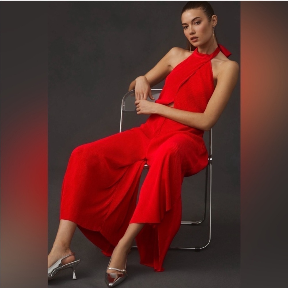 Anthropologie Red Plisse Halter Jumpsuit